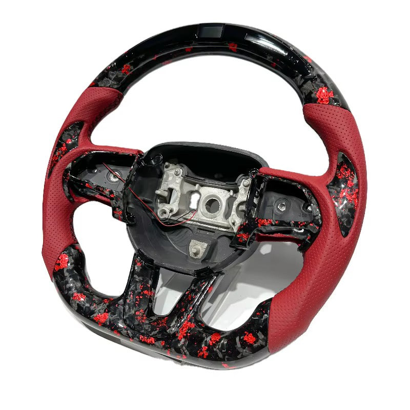 Volante RT/SRT 2014+ Fibra de carbono forjada/LED/Cuero perforado rojo